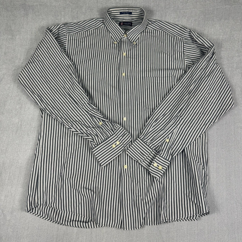 Chaps Wrinkle Free Button Down Striped Dress Shirt Mens Large Blue White Cotton